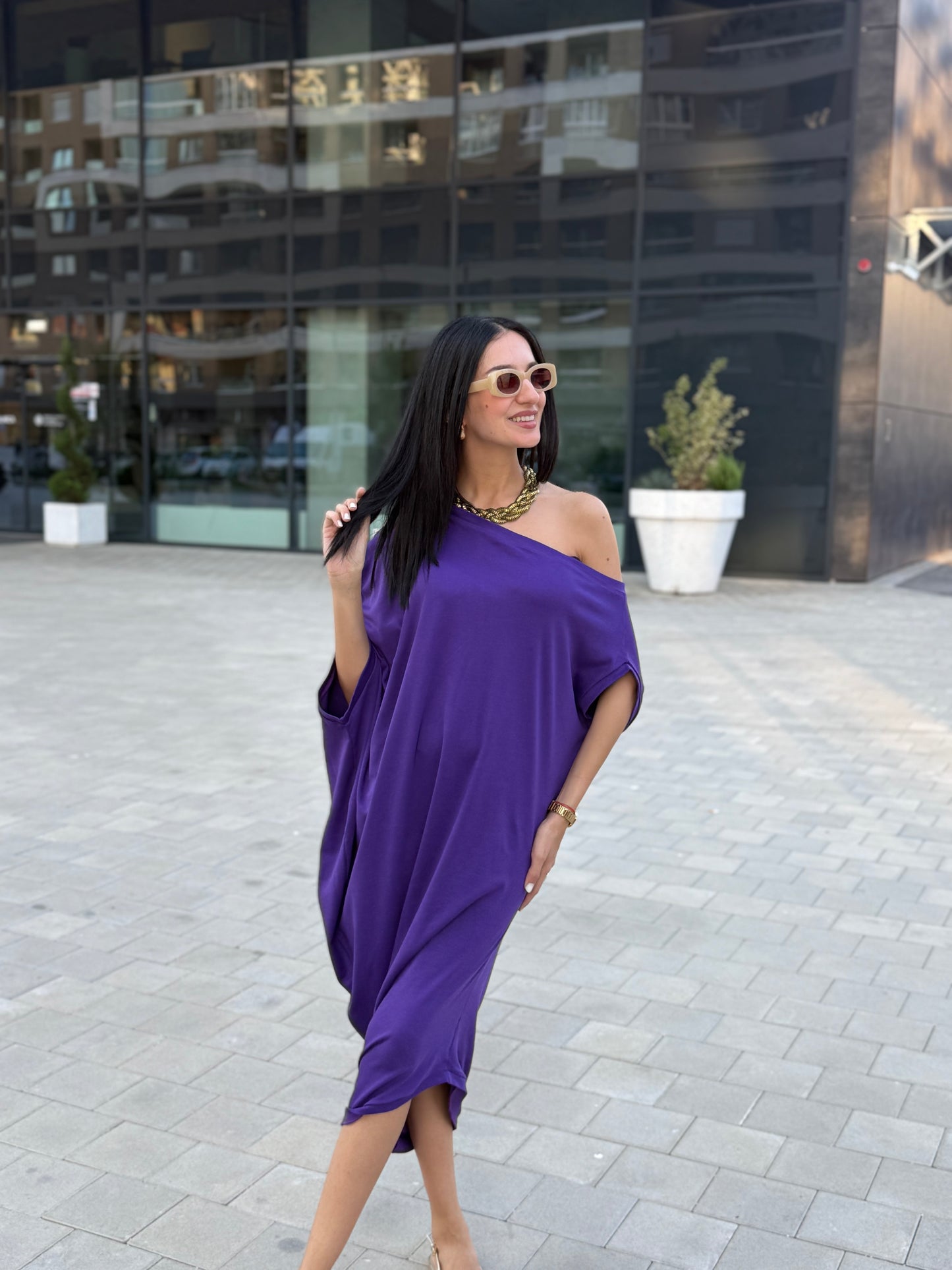 Sandra Purple 100% Cotton Off-Shoulder Dress – Effortless Style & Comfort - ALLURE