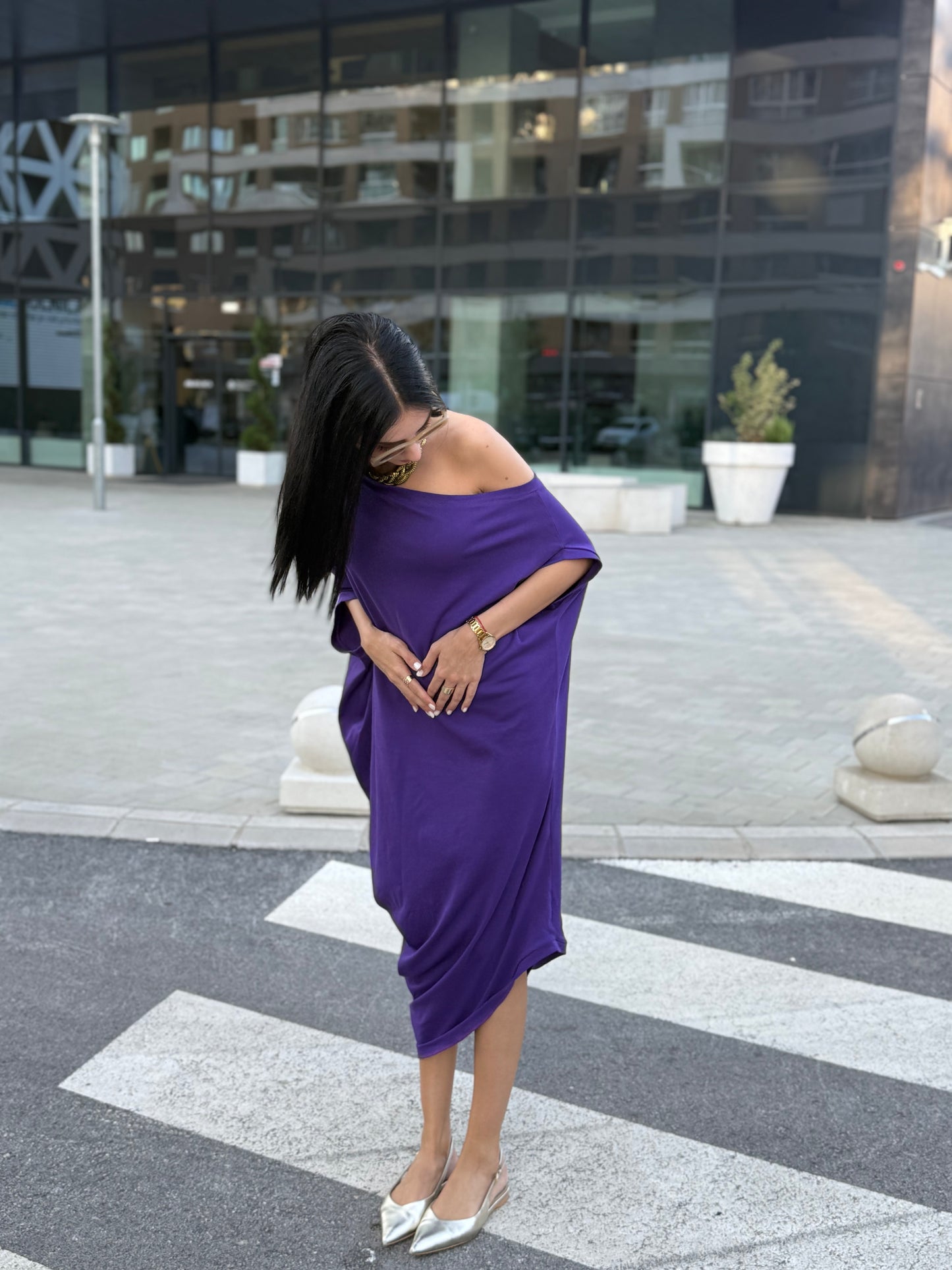 Sandra Purple 100% Cotton Off-Shoulder Dress – Effortless Style & Comfort - ALLURE