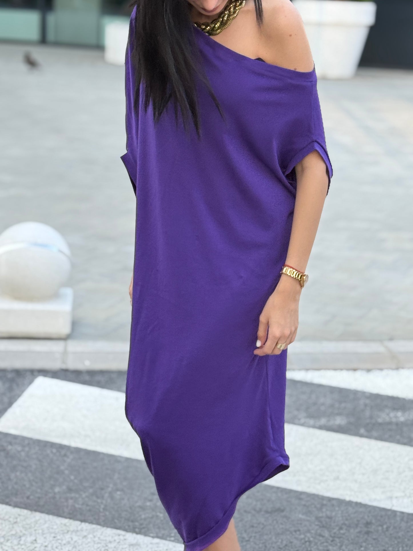 Sandra Purple 100% Cotton Off-Shoulder Dress – Effortless Style & Comfort - ALLURE