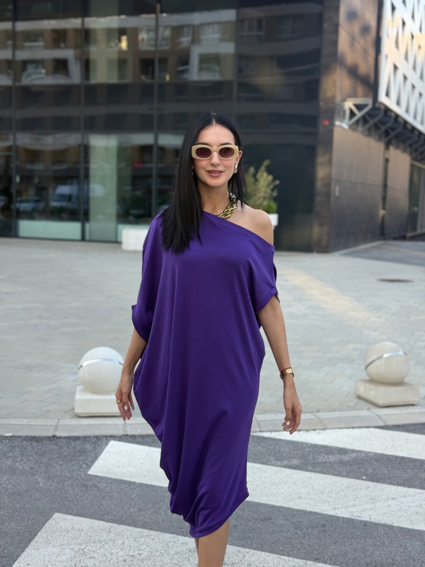 Sandra Purple 100% Cotton Off-Shoulder Dress – Effortless Style & Comfort - ALLURE