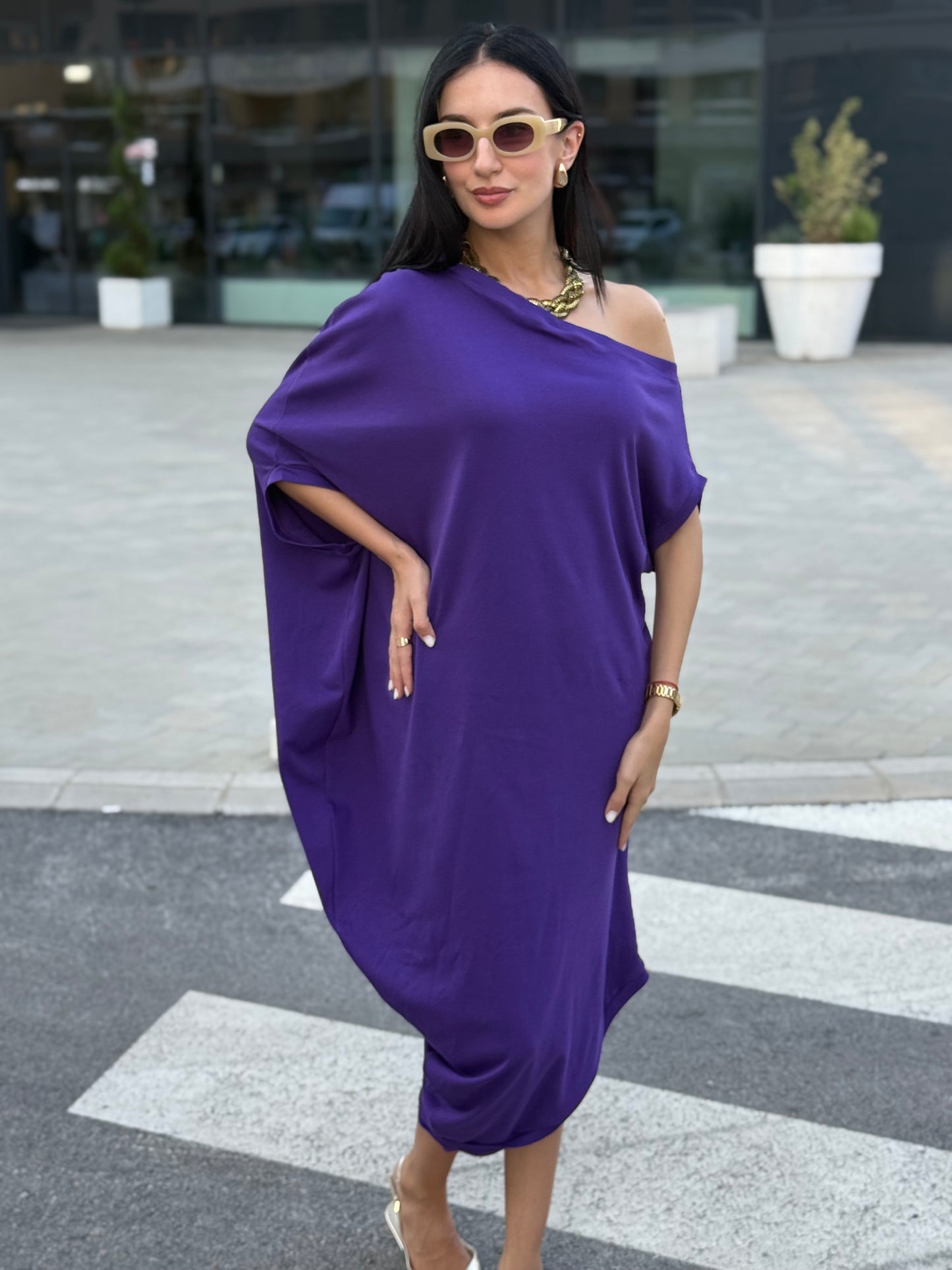 Sandra Purple 100% Cotton Off-Shoulder Dress – Effortless Style & Comfort - ALLURE