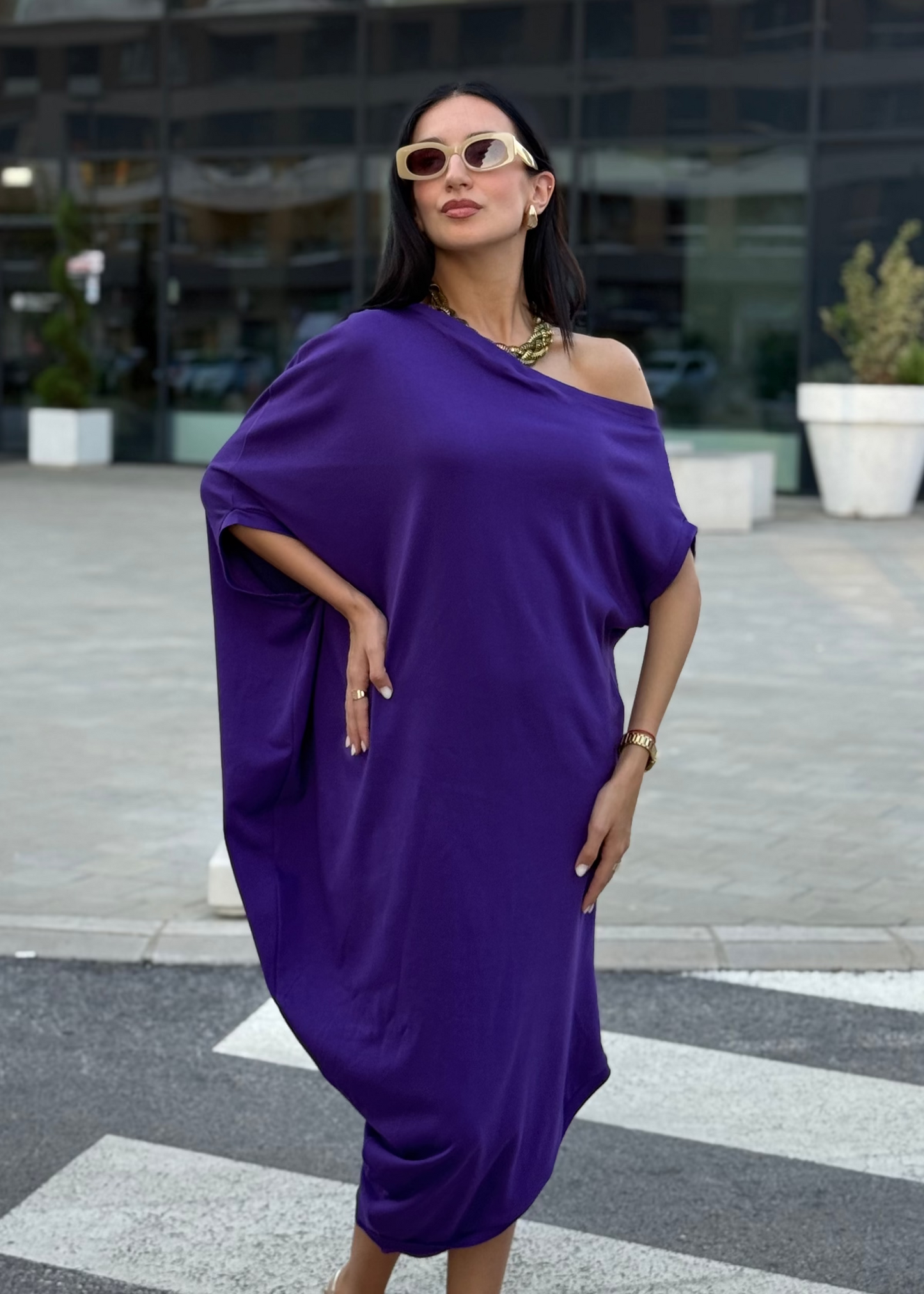 Sandra Purple 100% Cotton Off-Shoulder Dress – Effortless Style & Comfort - ALLURE