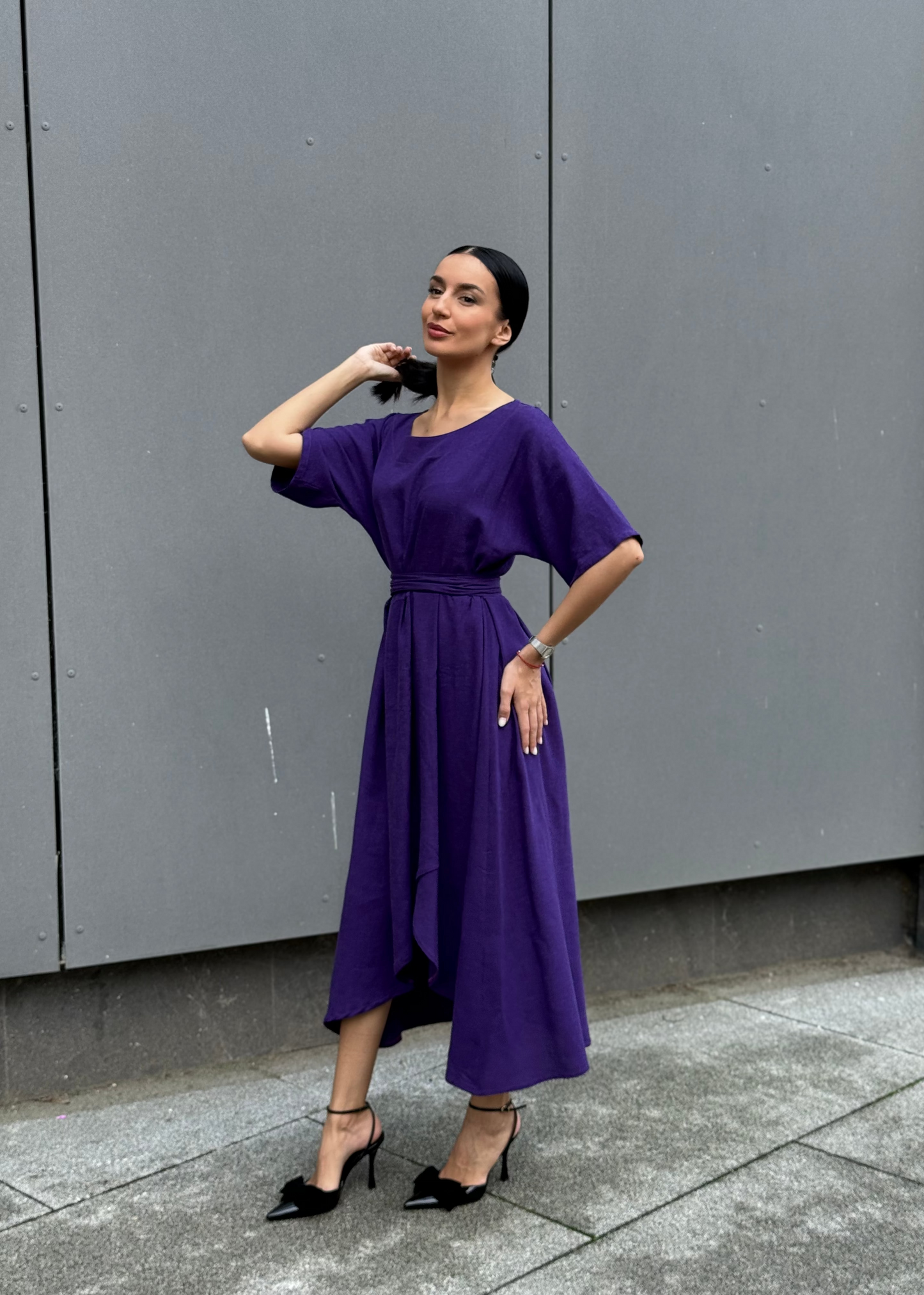 Hanadi Linen Midi Dress – Elegant & Breathable Style - ALLURE