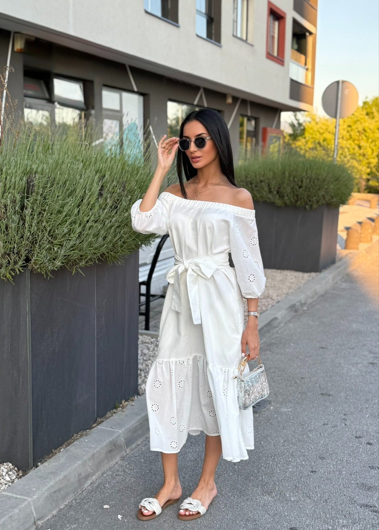 Amela Off-Shoulder Midi Dress in Black - ALLURE
