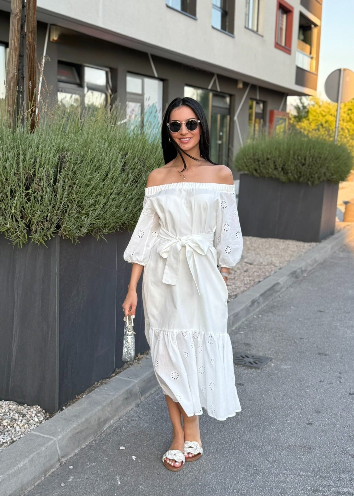 Amela Off-Shoulder Midi Dress in Black - ALLURE
