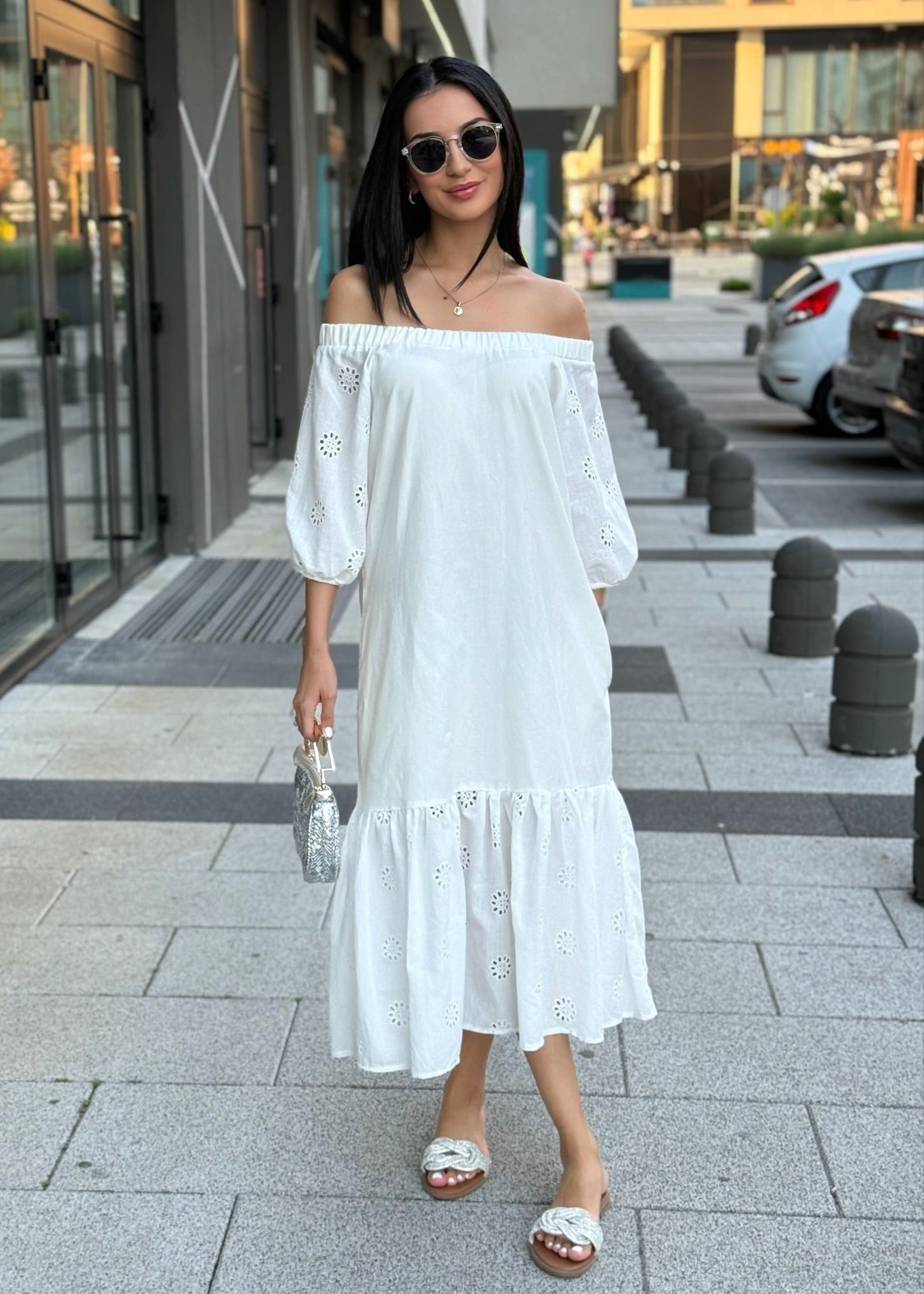 Amela Off-Shoulder Midi Dress in Black - ALLURE