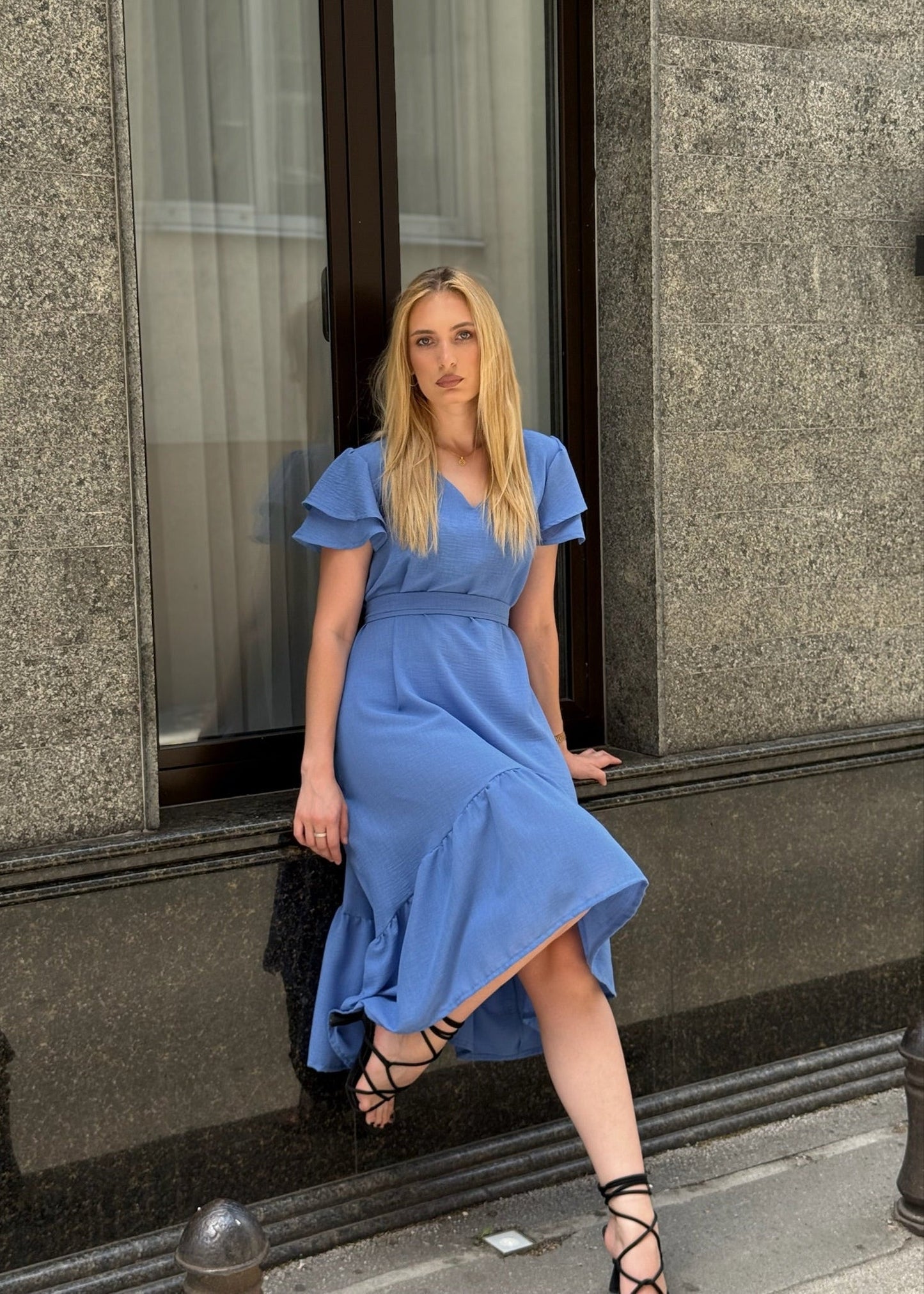 Anela Blue Linen Dress – Flowy Elegance with Ruffle Hem - ALLURE