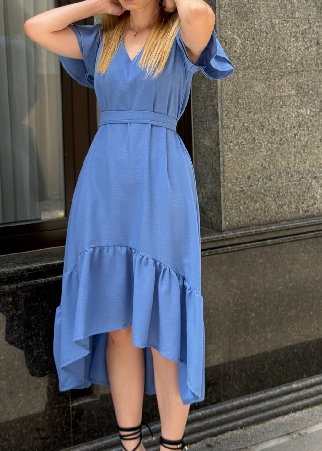 Anela Blue Linen Dress – Flowy Elegance with Ruffle Hem - ALLURE