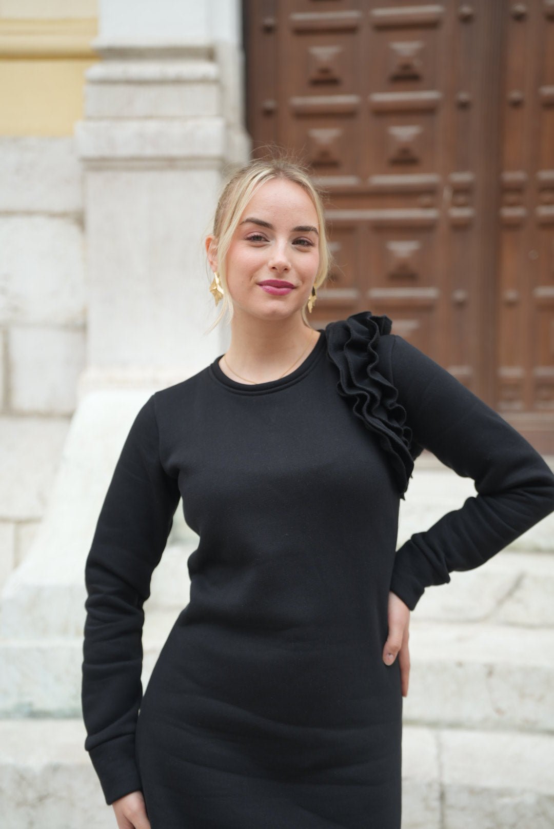 Anela Thermal Cotton Dress – Warm Elegant Design with Shoulder Ruffle Detail - ALLURE