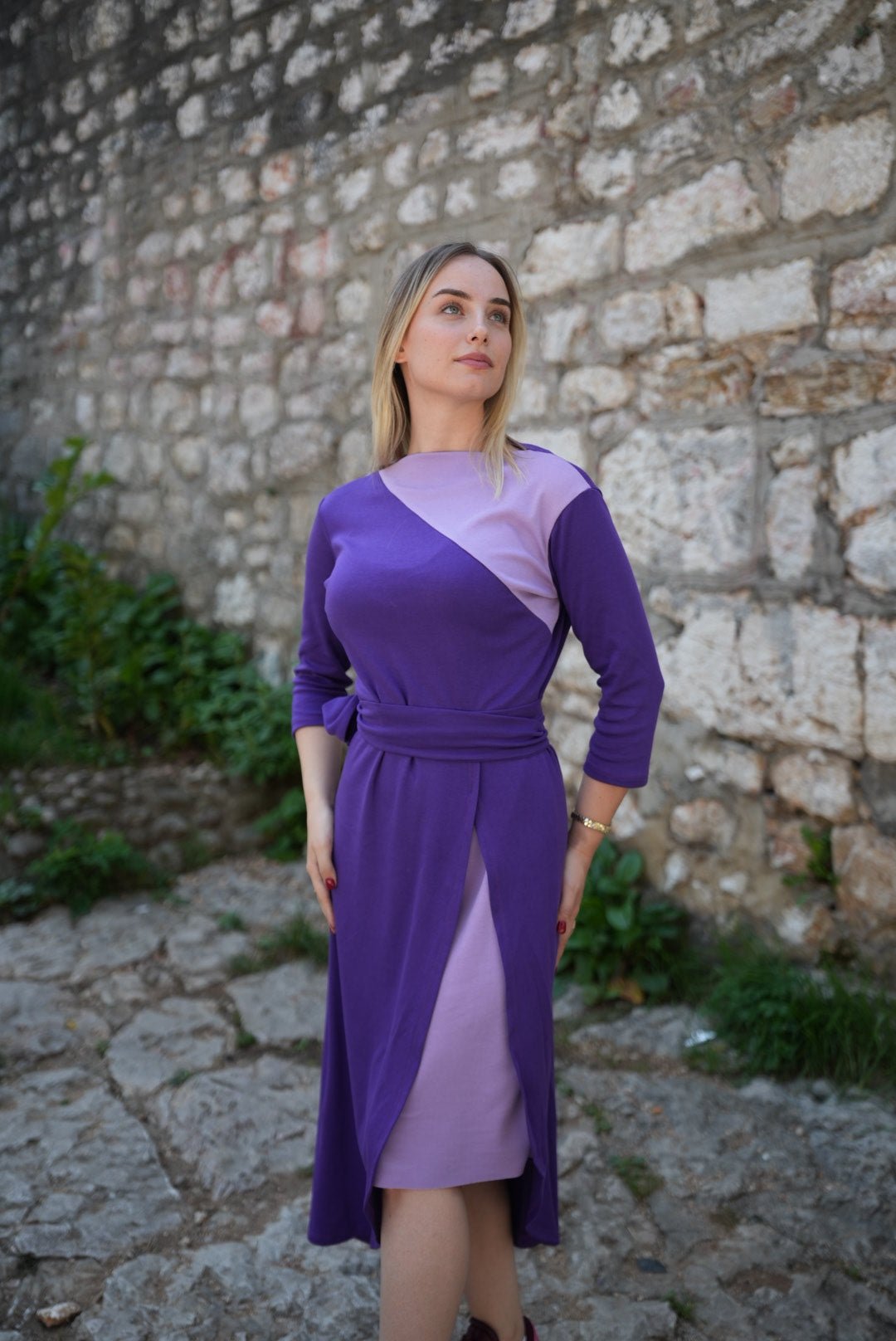 Ela Cotton Dress – 100% Soft Cotton Purple Shades with Matching Belt - ALLURE