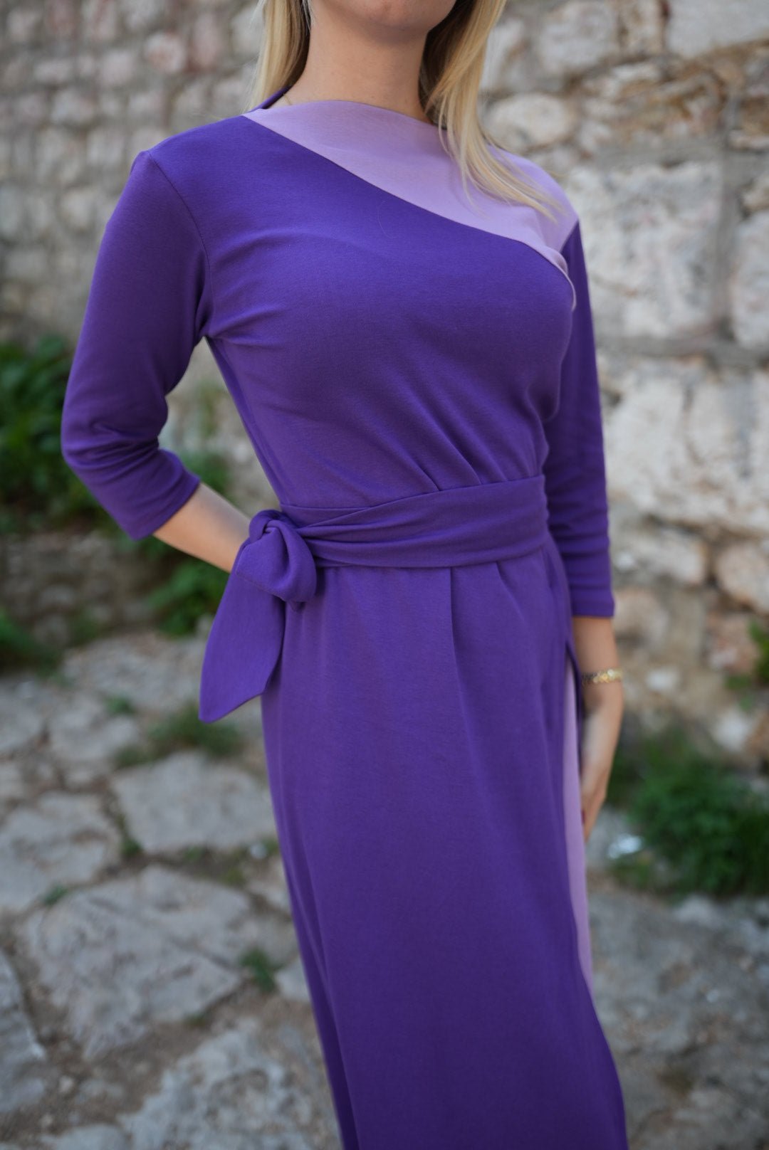 Ela Cotton Dress – 100% Soft Cotton Purple Shades with Matching Belt - ALLURE