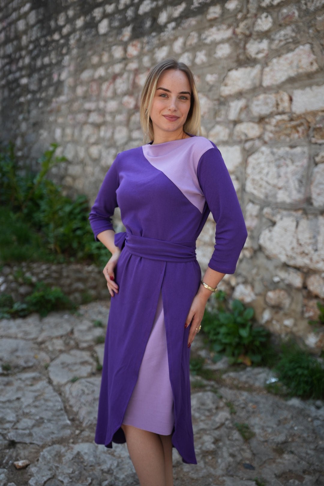 Ela Cotton Dress – 100% Soft Cotton Purple Shades with Matching Belt - ALLURE