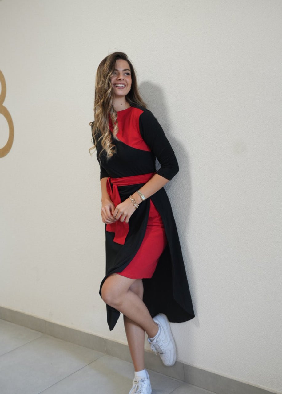 Lajla Asymmetric Cotton Dress – 95% Cotton Black & Red Statement Style - ALLURE