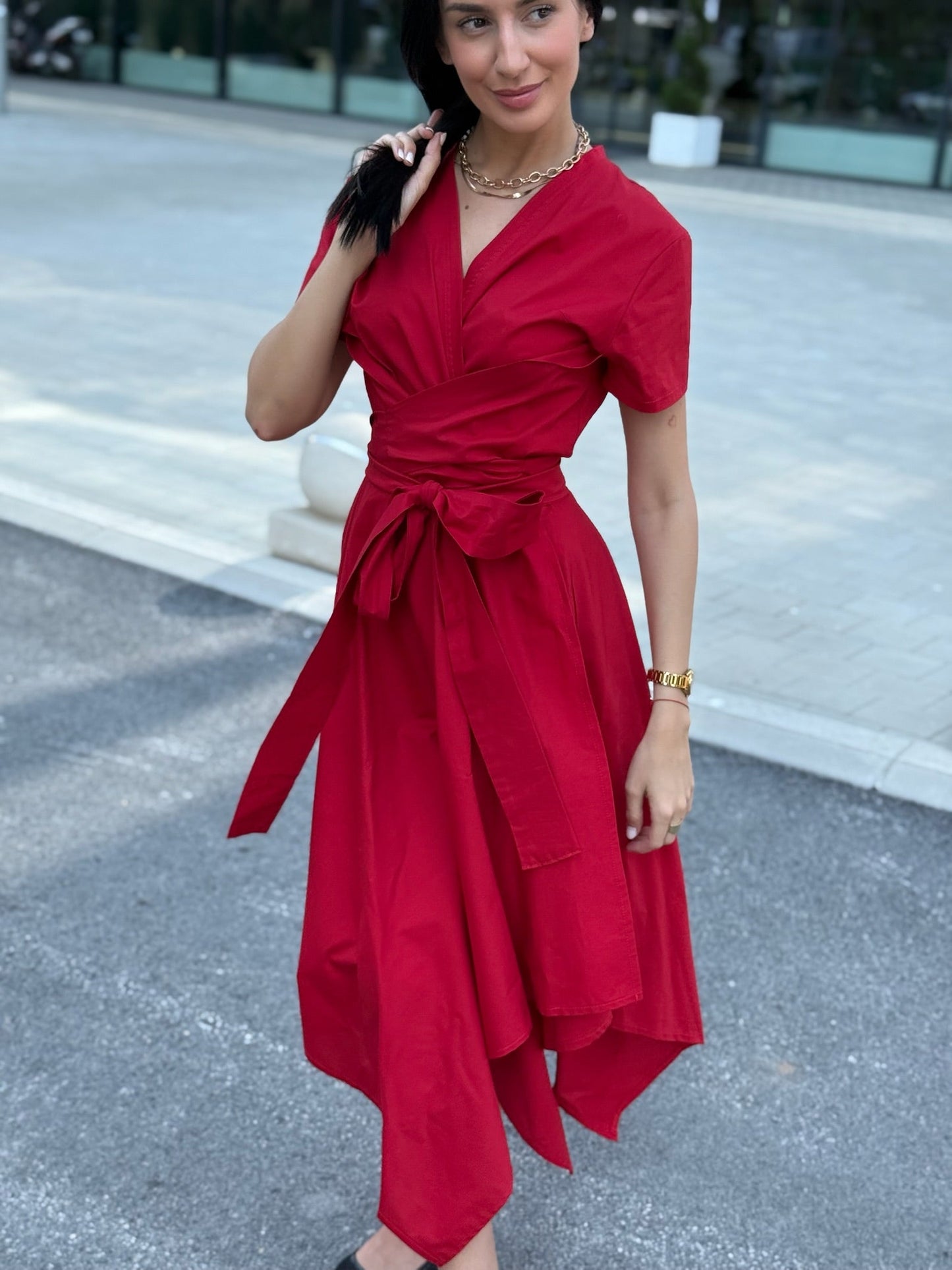 Rio Red Cotton Blend Wrap Dress – Timeless Elegance & Comfort - ALLURE