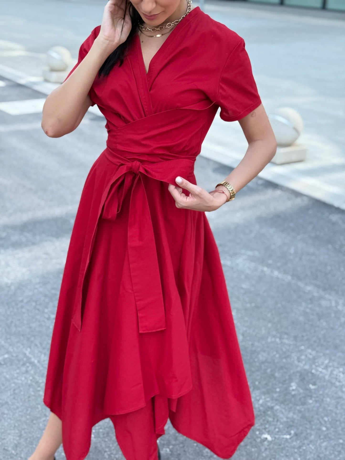 Rio Red Cotton Blend Wrap Dress – Timeless Elegance & Comfort - ALLURE