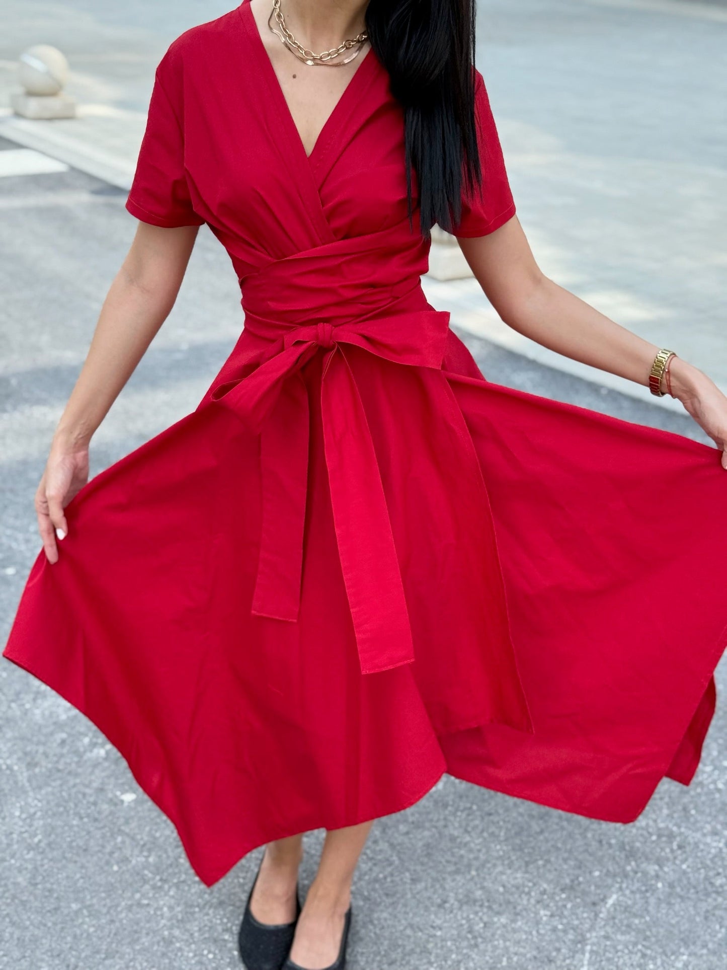 Rio Red Cotton Blend Wrap Dress – Timeless Elegance & Comfort - ALLURE