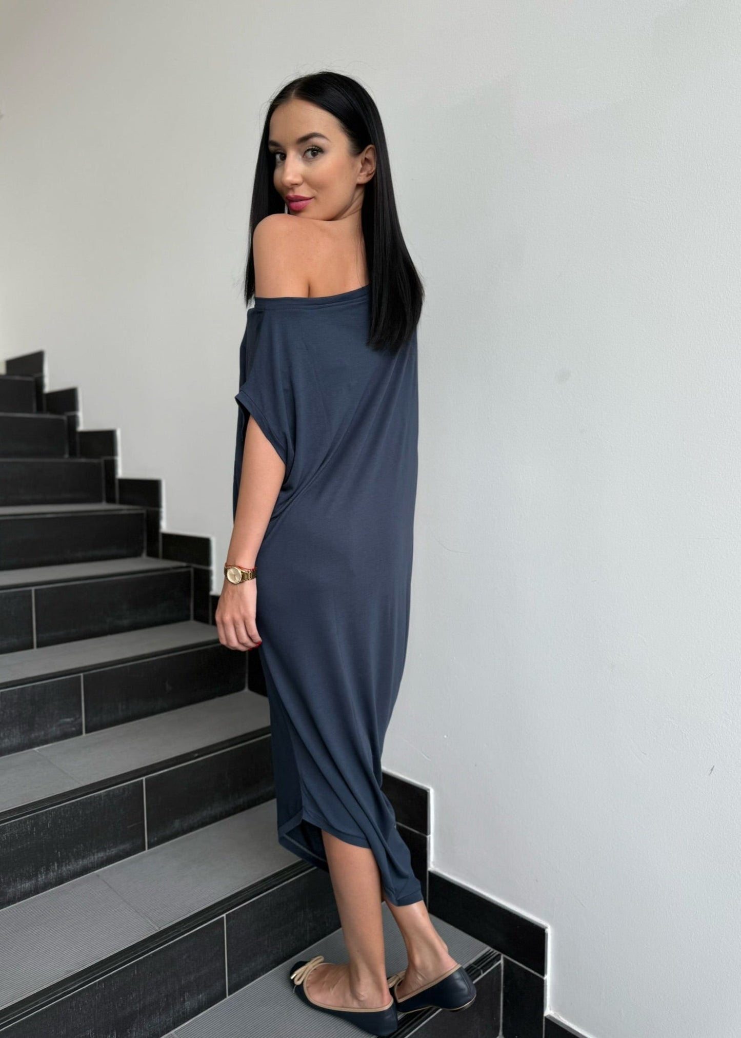 Sandra Cotton - Elastane Off - Shoulder Dress – Modern Asymmetrical Comfort - ALLURE