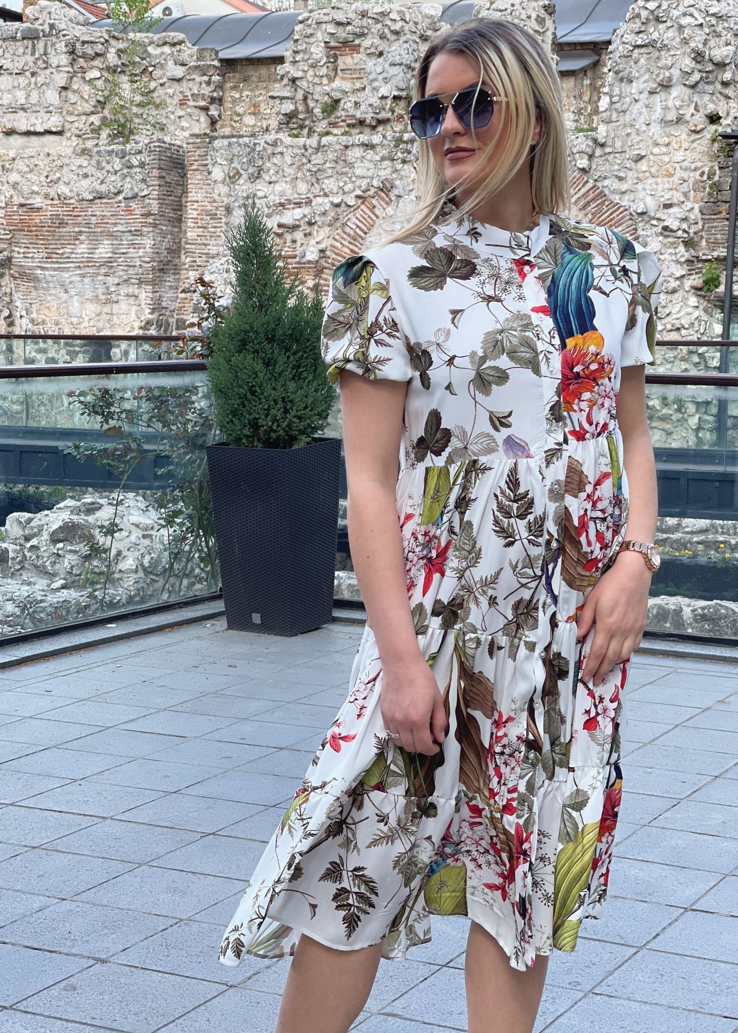 Tropical Leaf Print Buttoned Midi Dress - ALLURE
