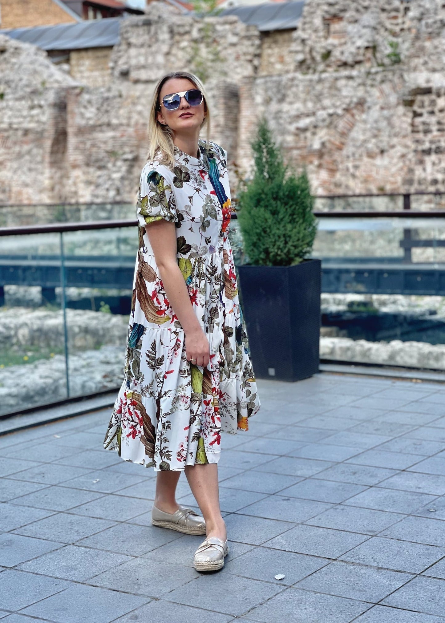 Tropical Leaf Print Buttoned Midi Dress - ALLURE