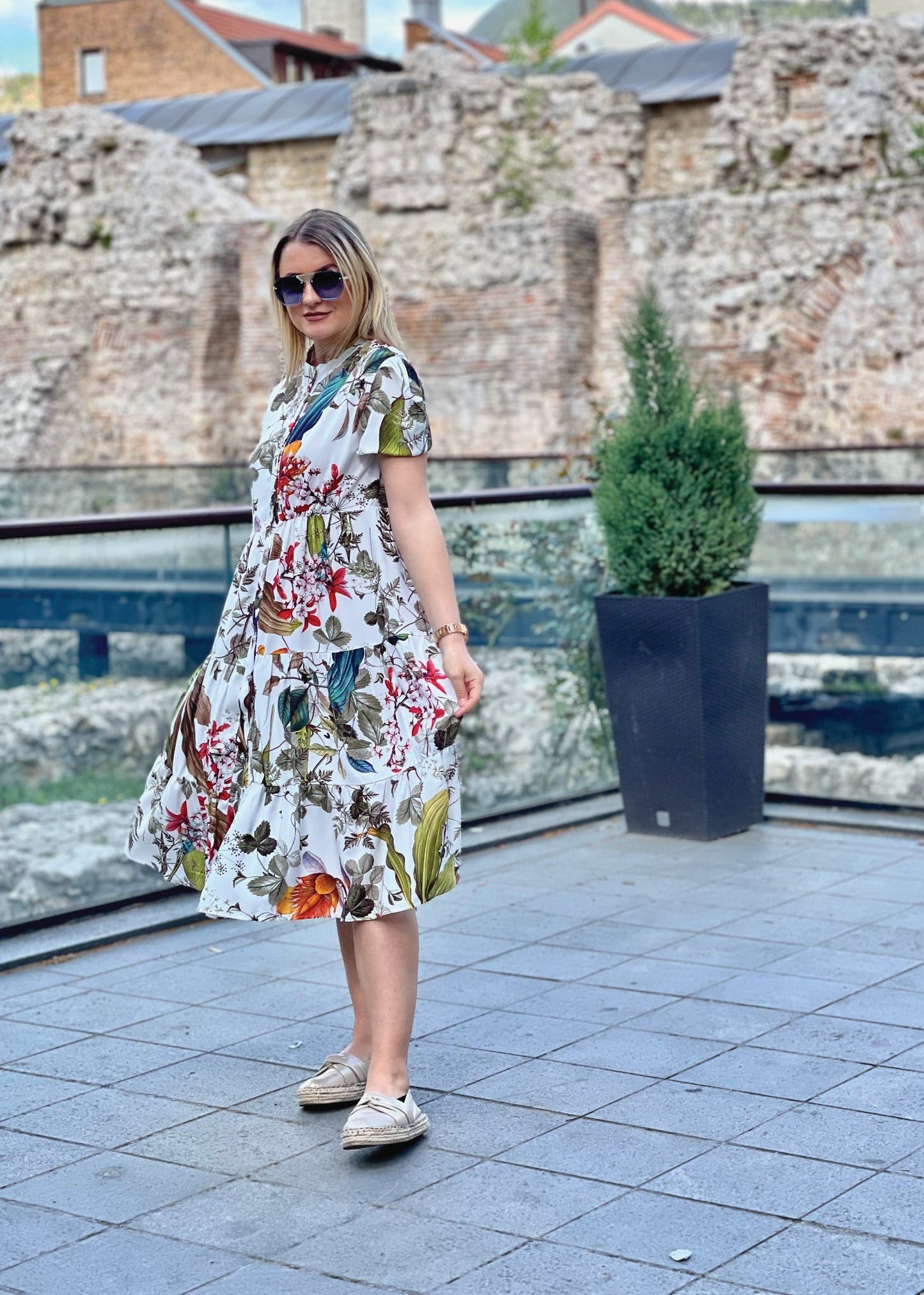 Tropical Leaf Print Buttoned Midi Dress - ALLURE