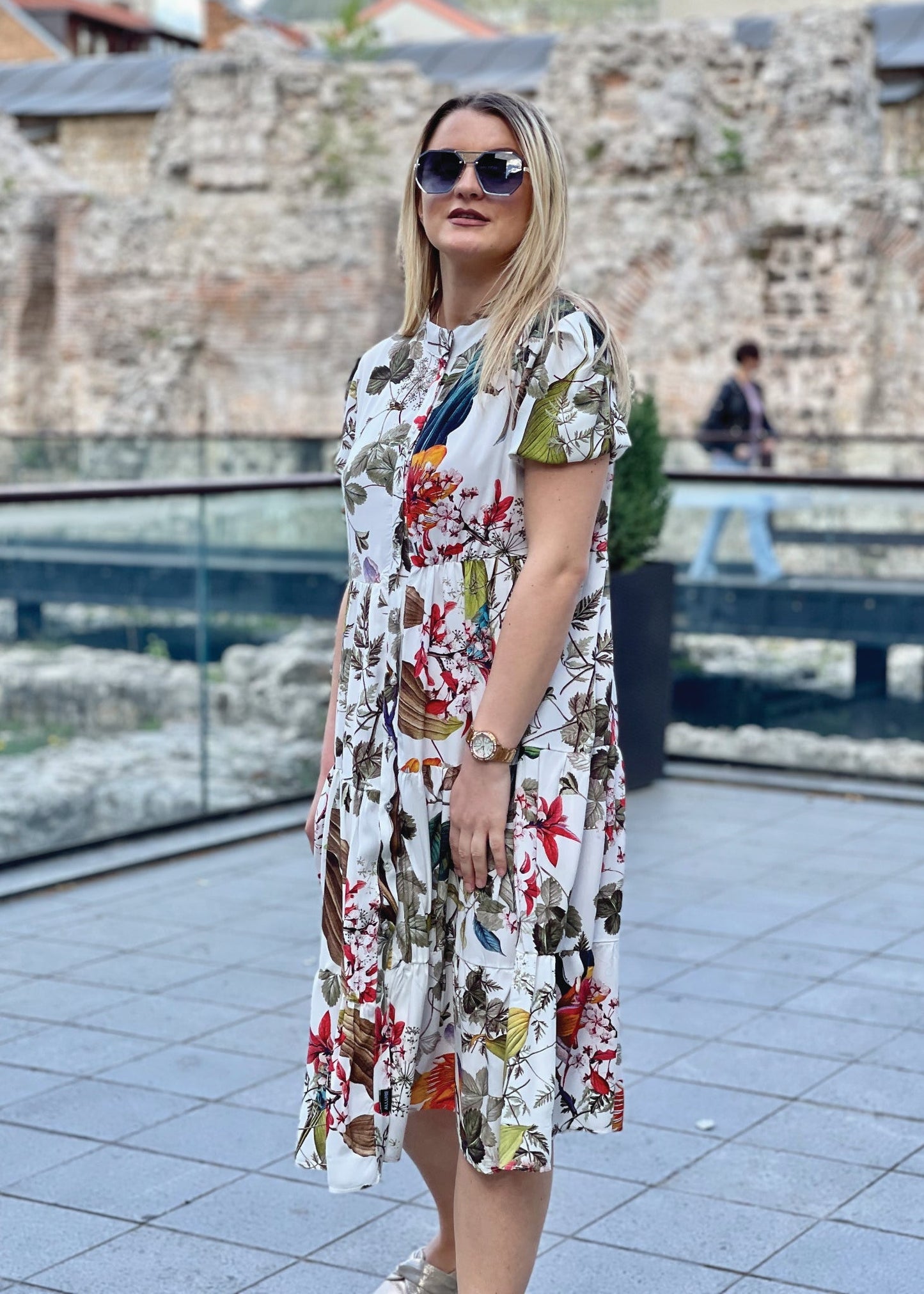 Tropical Leaf Print Buttoned Midi Dress - ALLURE