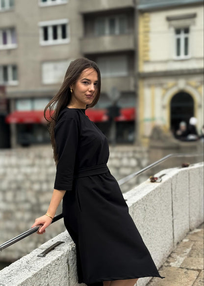 Haljina V – Ženska midi haljina s pojasom, bež i crna