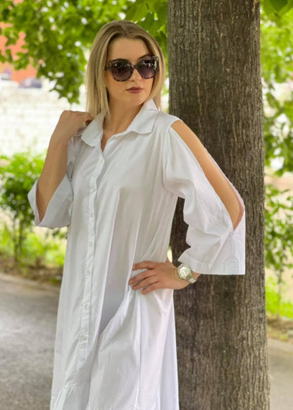 Haljina Livia – Bijela košulja-haljina s otvorenim ramenima i karnerima