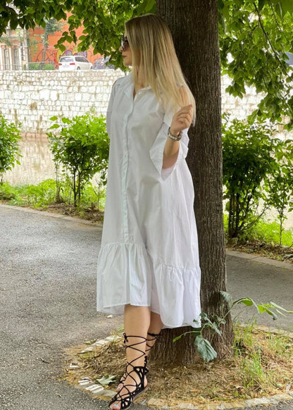 Haljina Livia – Bijela košulja-haljina s otvorenim ramenima i karnerima