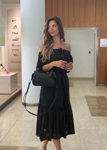 Amela Off-Shoulder Midi Dress in Black - ALLURE