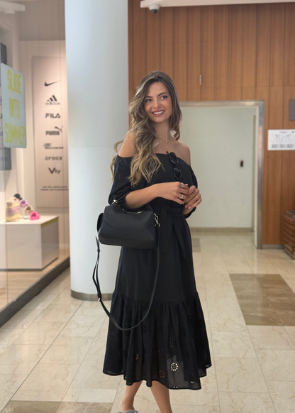 Amela Off-Shoulder Midi Dress in Black - ALLURE