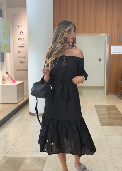 Amela Off-Shoulder Midi Dress in Black - ALLURE