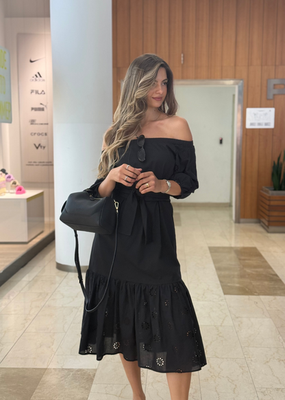 Amela Off-Shoulder Midi Dress in Black - ALLURE
