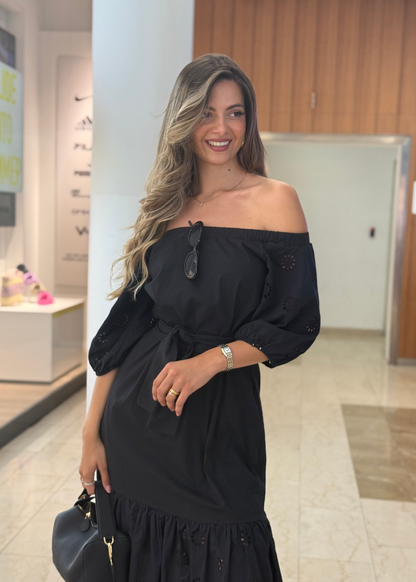 Amela Off-Shoulder Midi Dress in Black - ALLURE