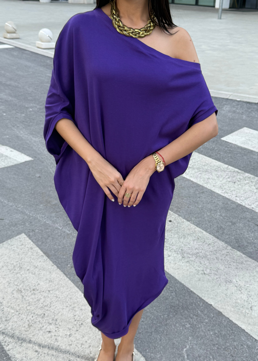 Sandra Purple 100% Cotton Off-Shoulder Dress – Effortless Style & Comfort - ALLURE
