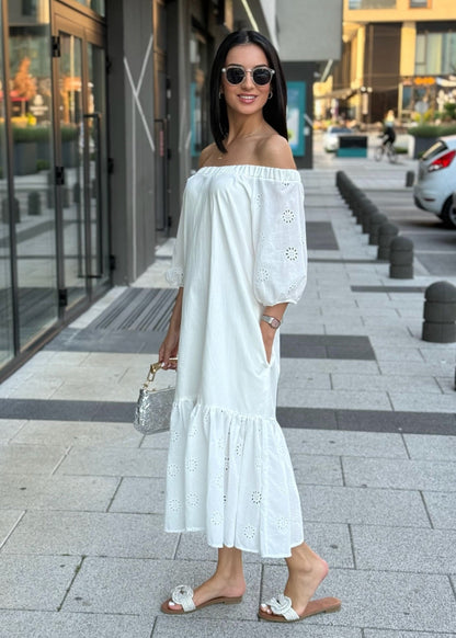 Amela Off-Shoulder Midi Dress in Black - ALLURE