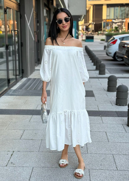Amela Off-Shoulder Midi Dress in Black - ALLURE