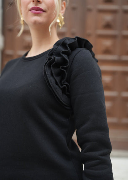Anela Thermal Cotton Dress – Warm Elegant Design with Shoulder Ruffle Detail - ALLURE