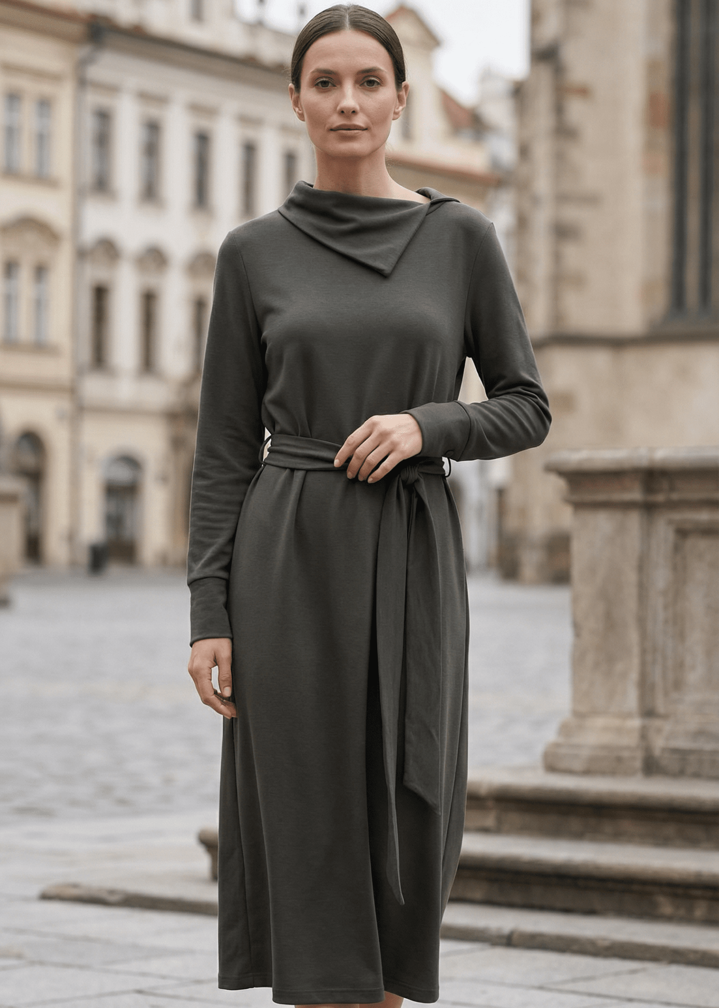 Anita Midi Dress with Elegant Draped Neckline - ALLURE