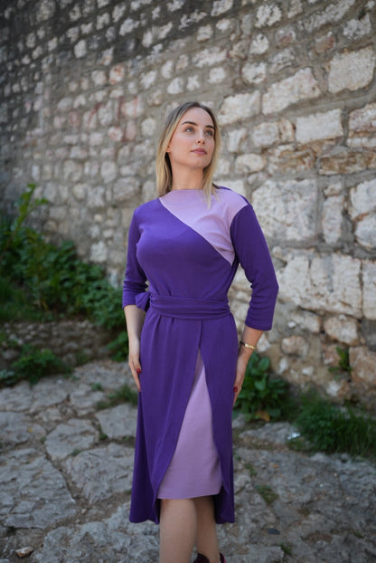 Ela Cotton Dress – 100% Soft Cotton Purple Shades with Matching Belt - ALLURE
