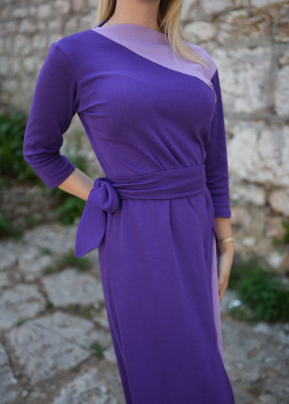 Ela Cotton Dress – 100% Soft Cotton Purple Shades with Matching Belt - ALLURE
