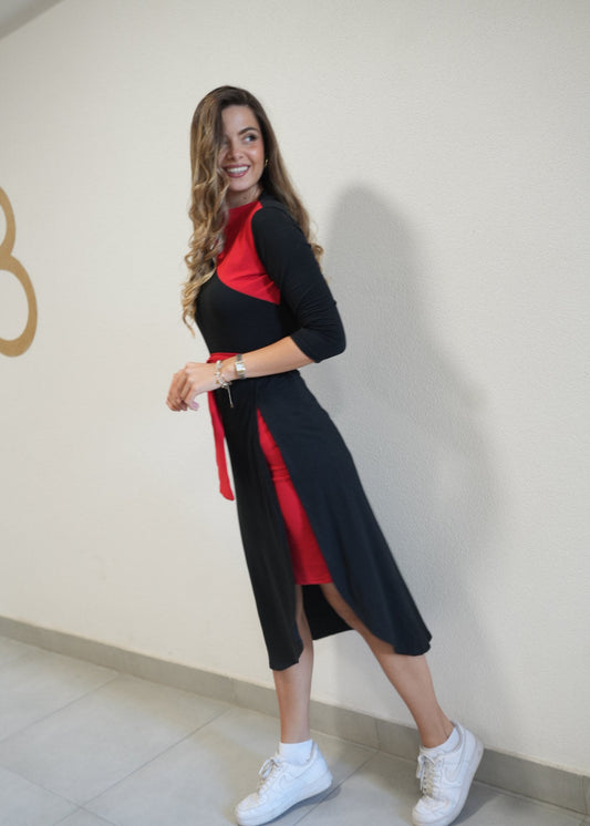 Lajla Asymmetric Cotton Dress – 95% Cotton Black & Red Statement Style - ALLURE