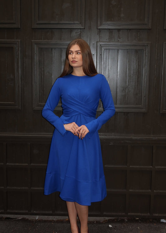Olga Adjustable Belt Dress – Elegant Cotton Blend in Black, Green & Royal Blue - ALLURE