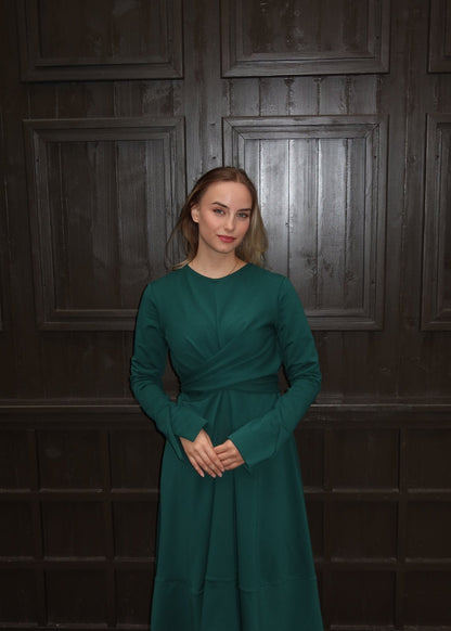 Olga Adjustable Belt Dress – Elegant Cotton Blend in Black, Green & Royal Blue - ALLURE