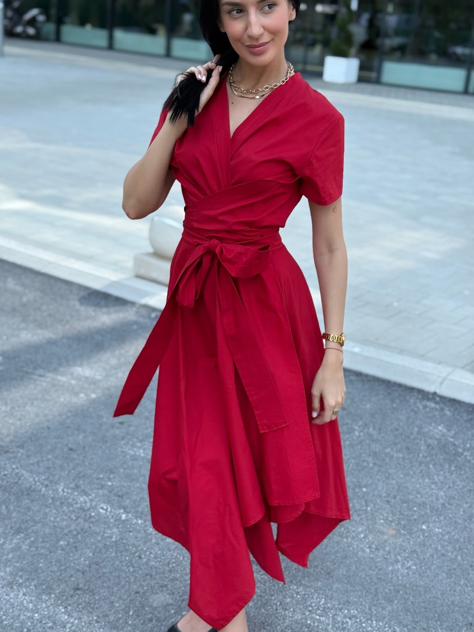 Rio Red Cotton Blend Wrap Dress – Timeless Elegance & Comfort - ALLURE