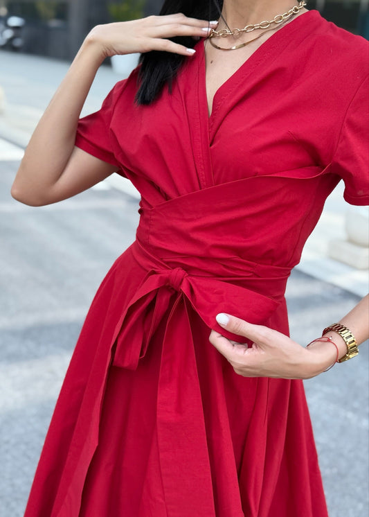 Rio Red Cotton Blend Wrap Dress – Timeless Elegance & Comfort - ALLURE
