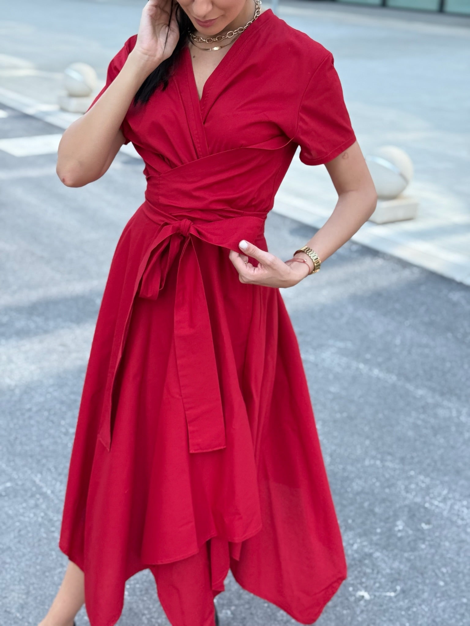 Rio Red Cotton Blend Wrap Dress – Timeless Elegance & Comfort - ALLURE