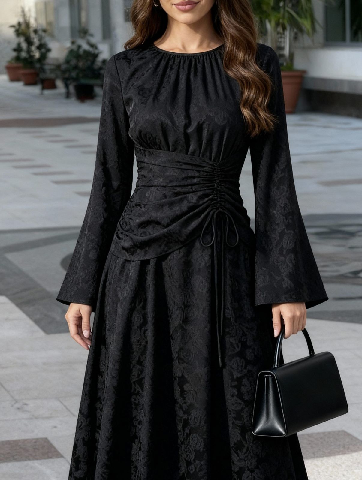 Tajra Brocade Dress with Defined Waist Detail - ALLURE