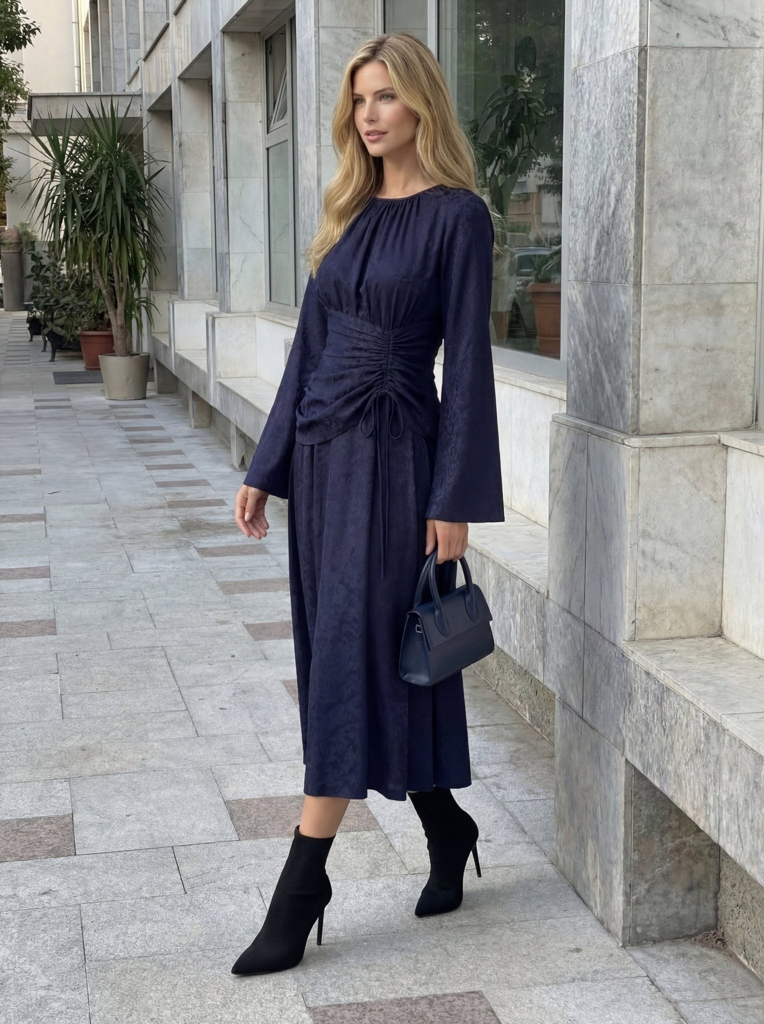 Tajra Brocade Dress with Defined Waist Detail - ALLURE