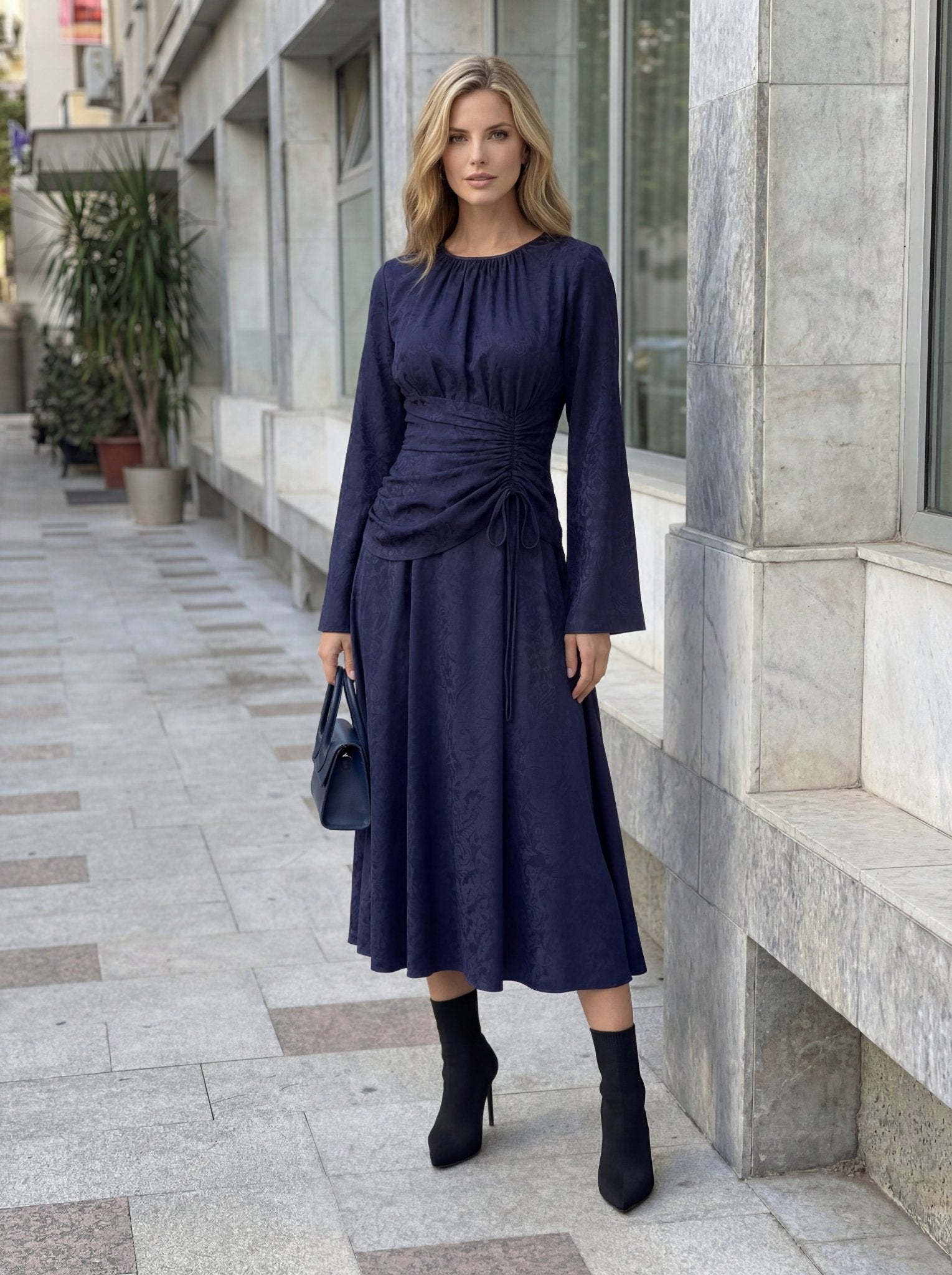 Tajra Brocade Dress with Defined Waist Detail - ALLURE