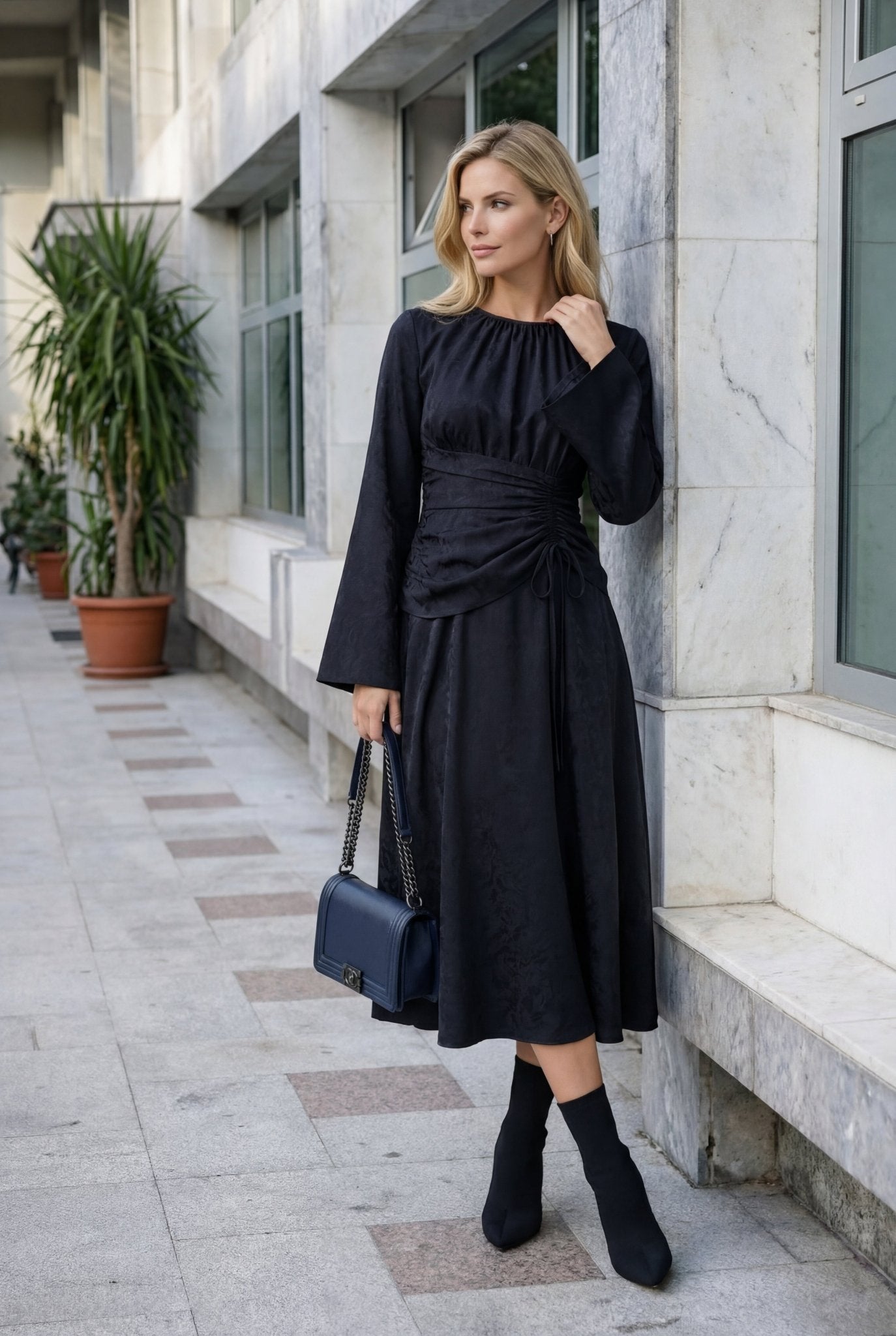 Tajra Brocade Dress with Defined Waist Detail - ALLURE